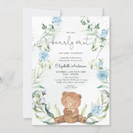 Greenery Bear Blue Flowers Boy Baby Shower Einladung