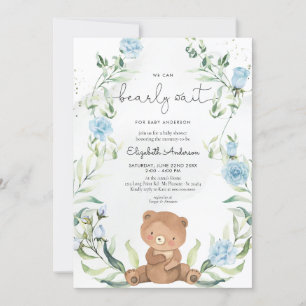 Greenery Bear Blue Flowers Boy Baby Shower Einladung