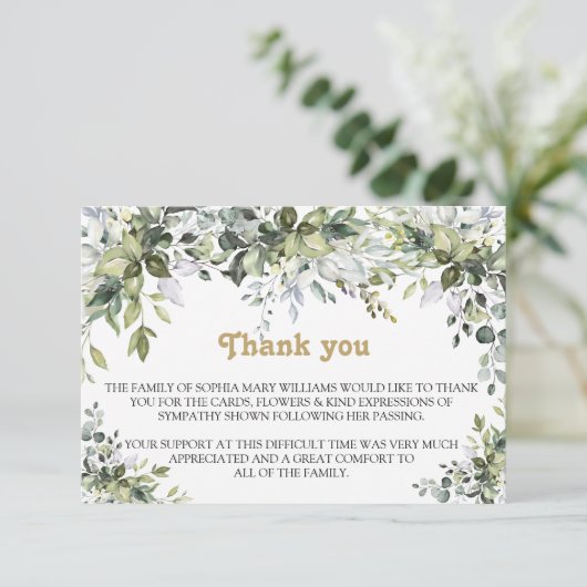 Greenery Beileid Begräbnis Vielen Dank Dankeskarte (Stehend Vorderseite)