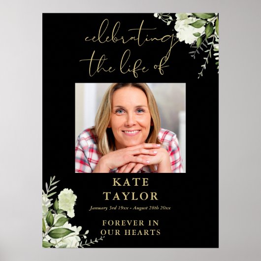 Greenery Black And Gold Celebration Of Life Photo Poster (Vorne)