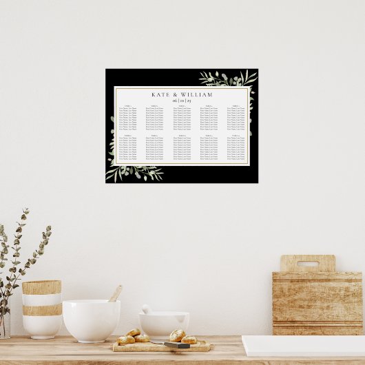 Greenery Black and Gold Wedding Seating Chart Poster (Küche)