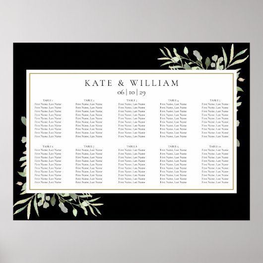 Greenery Black and Gold Wedding Seating Chart Poster (Vorne)