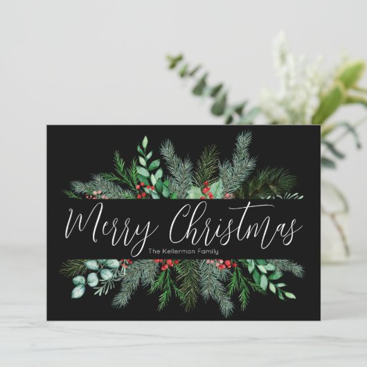 Greenery Black Christmas Feiertagskarte (Stehend Vorderseite)