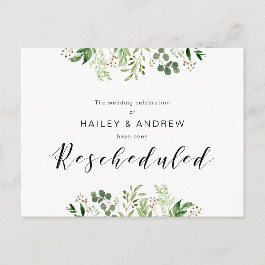 Greenery Black Modern Wedding Party neu geplant Postkarte (Vorderseite)