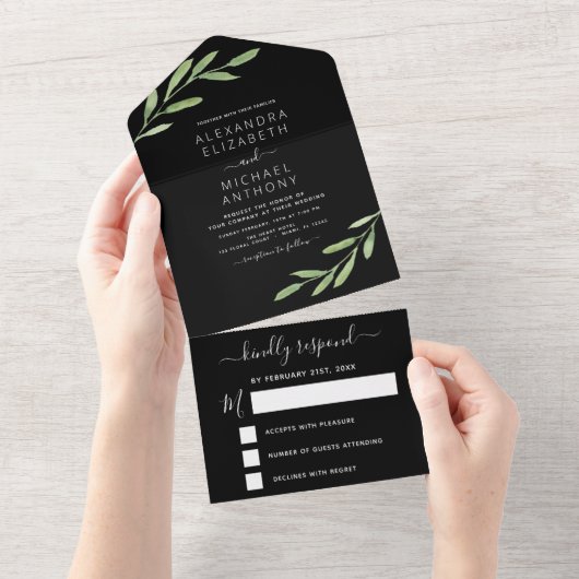 Greenery Black Simple Elegant Wedding All In One Einladung (Abreißen)