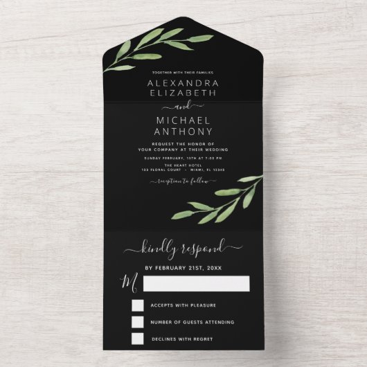 Greenery Black Simple Elegant Wedding All In One Einladung (Innen Boden)