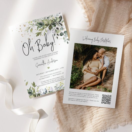 Greenery Blätter Baby Shower Registry QR Code Foto Einladung