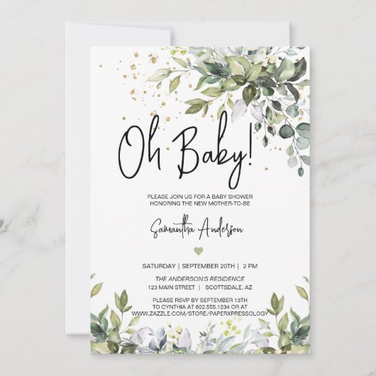 Greenery Blätter Baby Shower Registry QR Code Foto Einladung (Vorderseite)