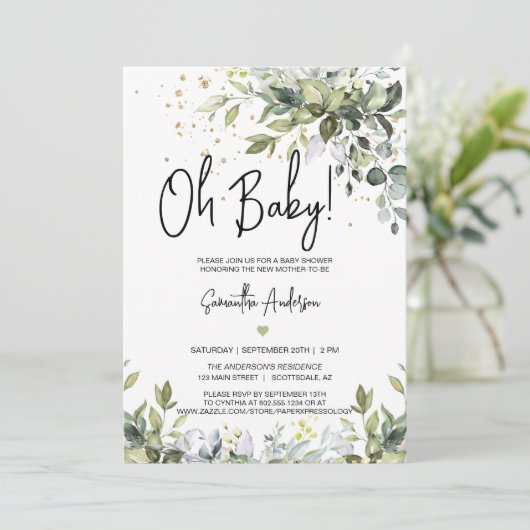 Greenery Blätter Baby Shower Registry QR Code Foto Einladung (Stehend Vorderseite)