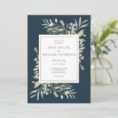 Greenery Blätter Deep Sea Blue Einladung (Stehend Vorderseite)