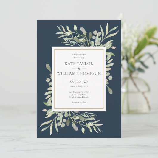 Greenery Blätter Deep Sea Blue Einladung (Stehend Vorderseite)