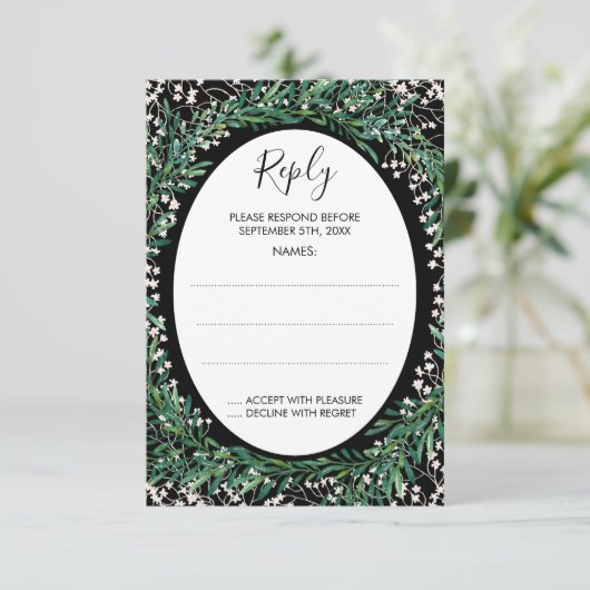 Greenery Blätter & Florets Monogram Black Reply RSVP Karte (Stehend Vorderseite)