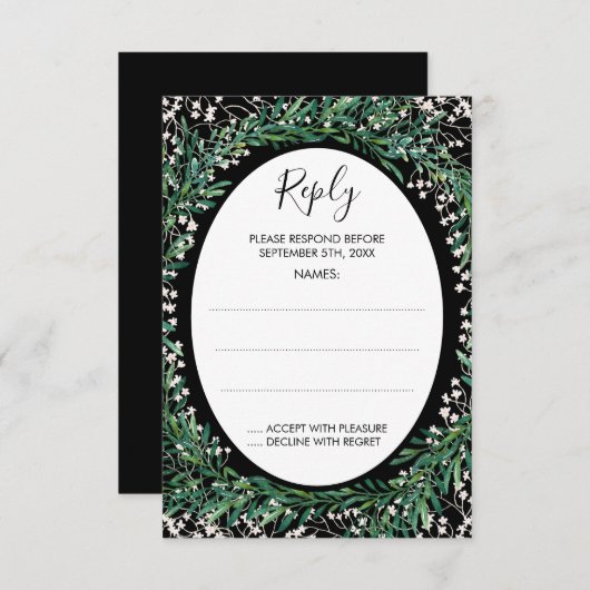 Greenery Blätter & Florets Monogram Black Reply RSVP Karte (Vorne/Hinten)