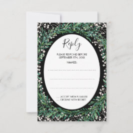 Greenery Blätter & Florets Monogram Black Reply RSVP Karte