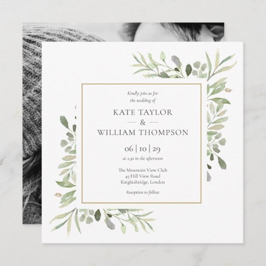 Greenery Blätter Foto Wedding Einladung (Vorne/Hinten)