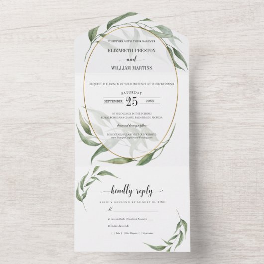 Greenery-Blätter Geometrische Rahmen Hochzeit mit  All In One Einladung (Innen Boden)
