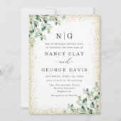 Greenery Blätter Gold Glitzer Monogram Wedding Einladung (Vorderseite)