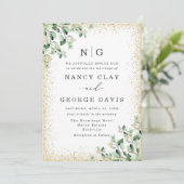 Greenery Blätter Gold Glitzer Monogram Wedding Einladung (Stehend Vorderseite)