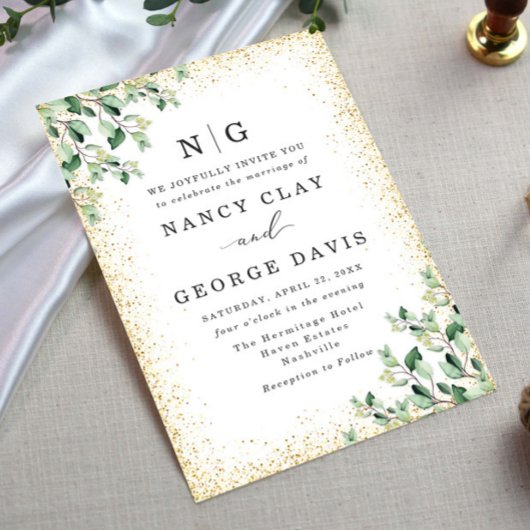 Greenery Blätter Gold Glitzer Monogram Wedding Einladung