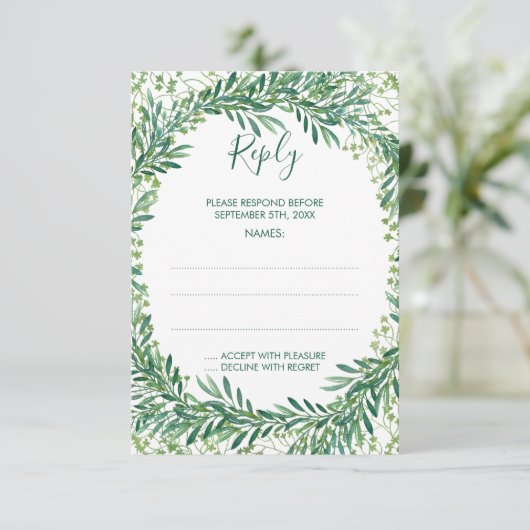Greenery-Blätter Monogramm-Antwortkarten RSVP Karte (Stehend Vorderseite)