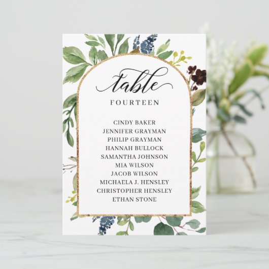 Greenery Blätter Tischnummer Seating Chart Cards (Stehend Vorderseite)