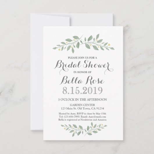 Greenery Bloral Minimalistisches Brautparty laden Einladung (Vorderseite)