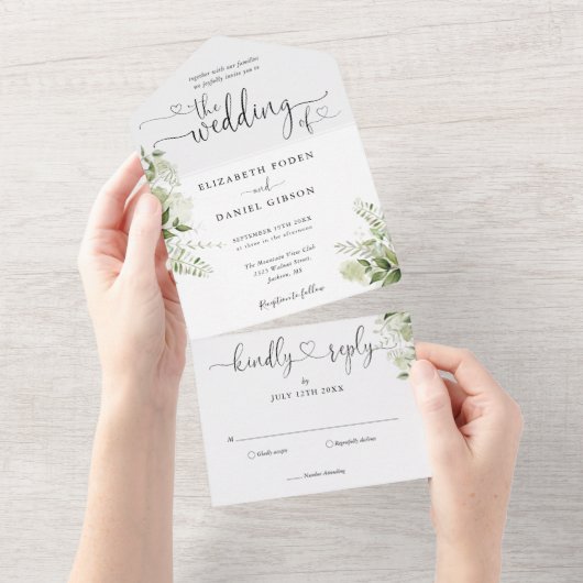 Greenery Bloral Script Hearts Minimalistisch Weddi All In One Einladung (Abreißen)
