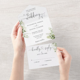 Greenery Bloral Script Hearts Minimalistisch Weddi All In One Einladung