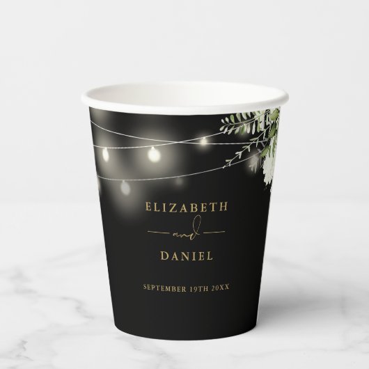 Greenery Bloral String Lights Black Gold Wedding Pappbecher (Rückseite)