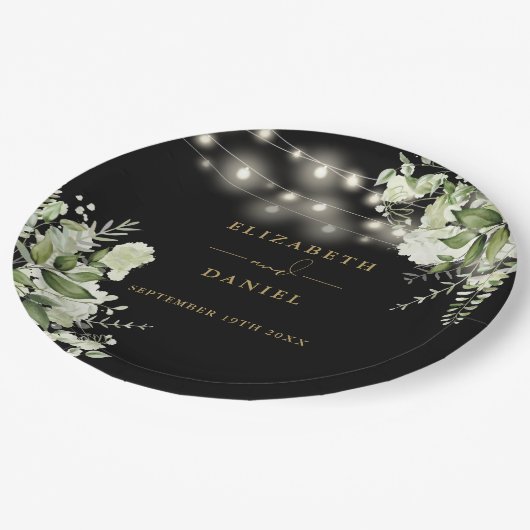 Greenery Bloral String Lights Black Gold Wedding Pappteller (Schrägansicht)
