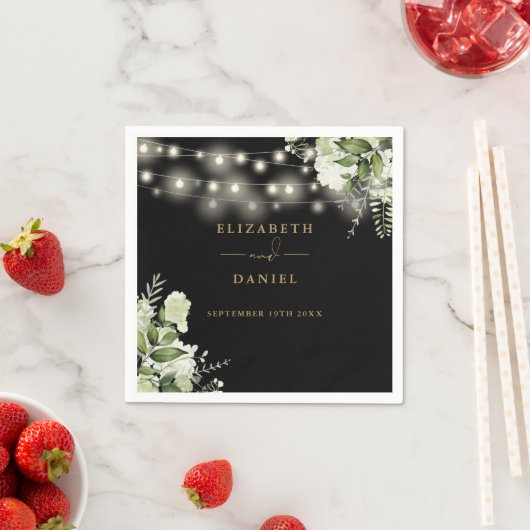 Greenery Bloral String Lights Black Gold Wedding Serviette (Beispiel)