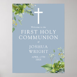 Greenery Blue First Heilige Kommunion Begrüßungsze Poster