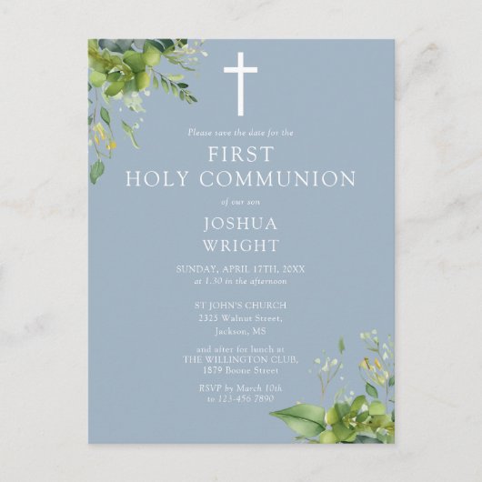 Greenery Blue First Holy Communion Save the Date Postkarte (Vorderseite)