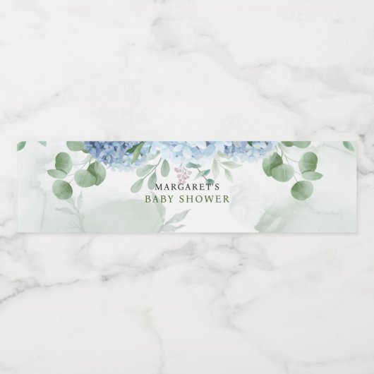 Greenery Blue Hydrangea Baby Dusche Wasserflaschenetikett (Einzelnes Label)