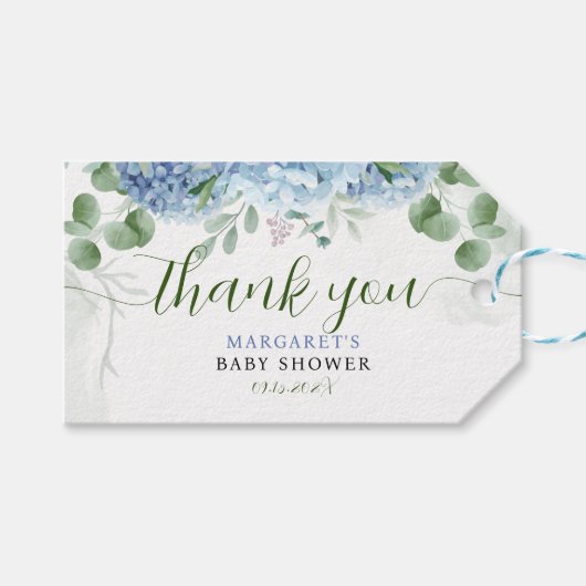 Greenery Blue Hydrangea Danke Baby Shower Geschenkanhänger (Vorderseite (Horizontal))