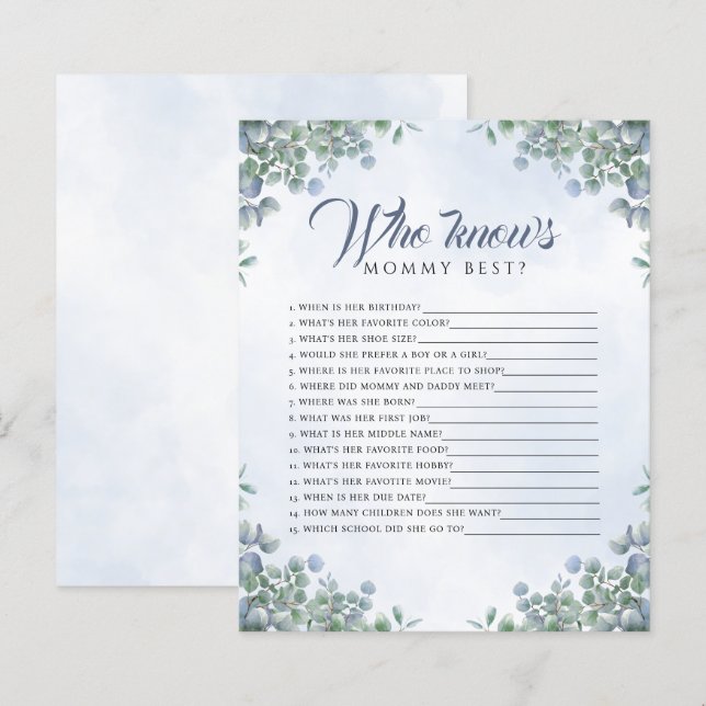 Greenery Blue Watercolor, die Mommy Baby Game kenn (Vorne/Hinten)