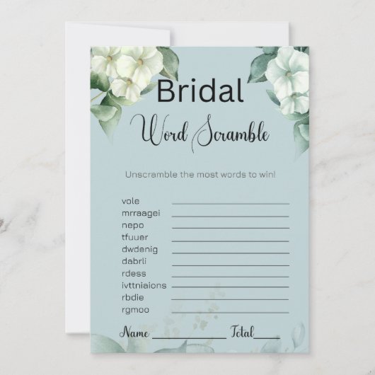 Greenery & Blume Bridal Blue Word Scramble Game Einladung (Vorderseite)