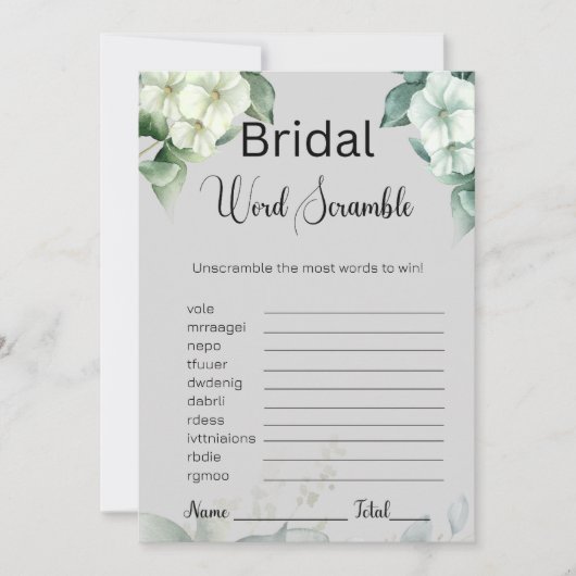 Greenery & Blume Bridal Gray Word Scramble Game Einladung (Vorderseite)