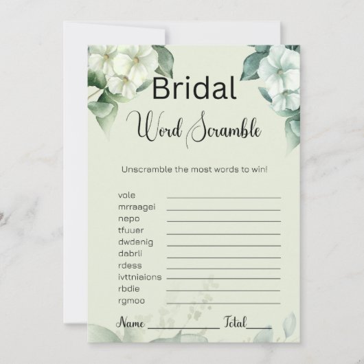 Greenery & Blume Bridal Green Word Scramble Game Einladung (Vorderseite)
