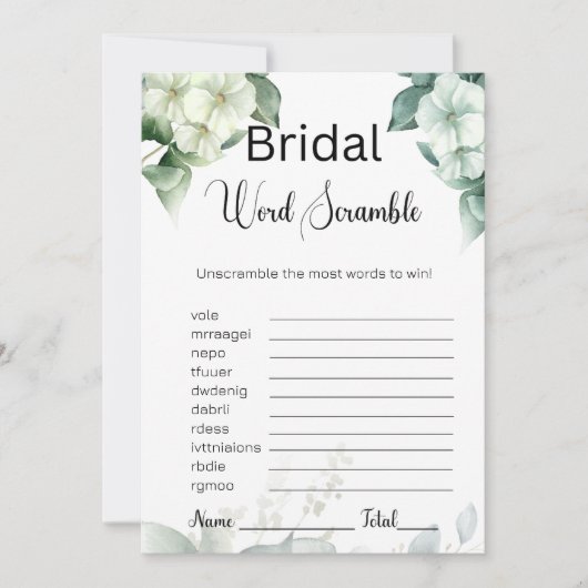 Greenery & Blume Bridal White Word Scramble Game Einladung (Vorderseite)
