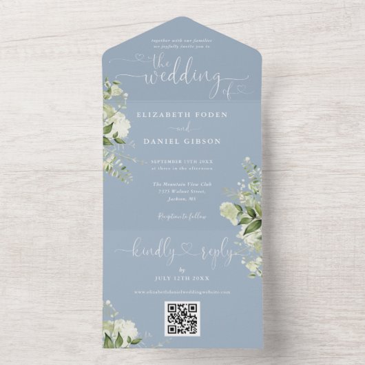 Greenery Blumenschrift Dusty Blue QR Code Wedding All In One Einladung (Innen Boden)
