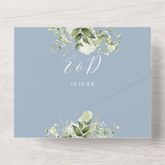 Greenery Blumenschrift Dusty Blue QR Code Wedding All In One Einladung (Rückseite)