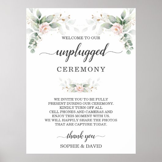 Greenery Blush Floral Gold Unplugged Zeremony Sign Poster (Vorne)