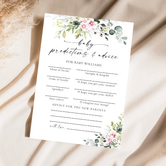 Greenery Blush Pink Baby Shower Predictions Card