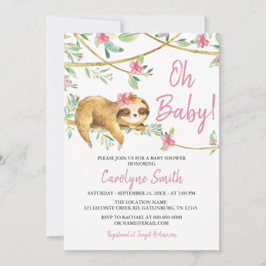 Greenery Blush Pink Niedlich Sloth Baby Dusche Ein Einladung (Vorderseite)
