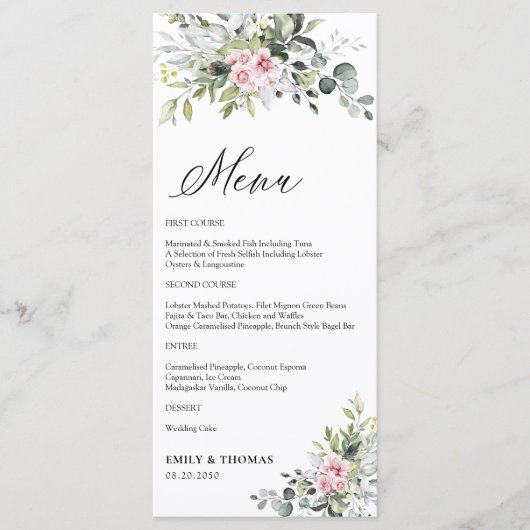 Greenery Blush Pink Wedding Menu Menükarte (Vorderseite)