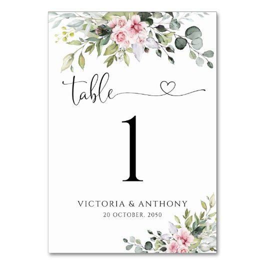 Greenery Blush Pink Wedding Tischnummern (Vorderseite)