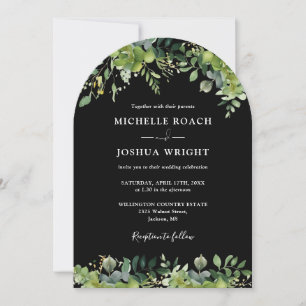 Greenery-Bogen Schwarz-Weiß-Monogramm-Hochzeit Einladung