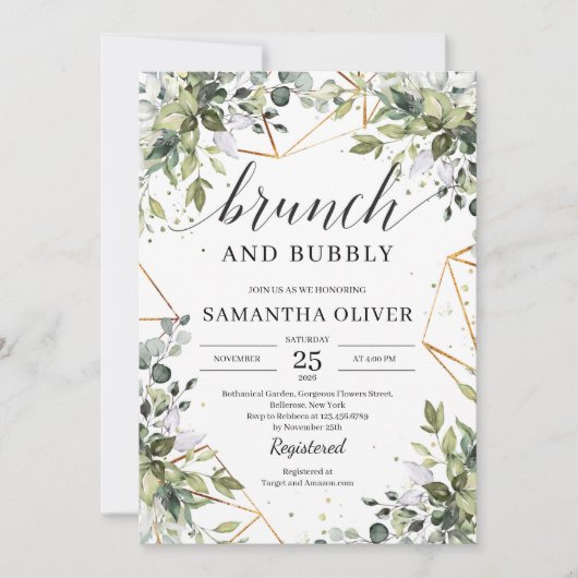 Greenery boho eucalyptus Blätter Brunch und Bubbly Einladung (Vorderseite)