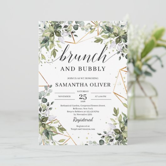 Greenery boho eucalyptus Blätter Brunch und Bubbly Einladung (Stehend Vorderseite)